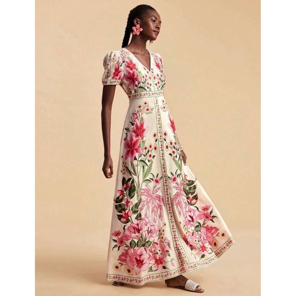 Pink Tropical Floral V-Neck Button Front Maxi Dress Size Large Cream - Picture 6 of 13